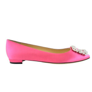 Manolo Blahnik Hangisi Pink Satin Silver Jewel Buckle Ballerina Ballet Flat 36